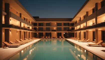 Fototapeta premium A Luxury Hotel Pool Lit Up at Night With Loungers Present