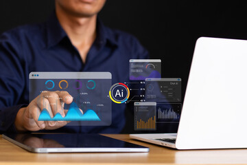 Businessmen use AI technology to analyze business insights, planning and strategy, and marketing development.