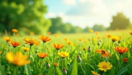Fototapeta premium Summer meadow with lush buckwheat and other wildflowers, bloom, field