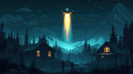 Fototapeta premium UFO hovering over forest with beam of light