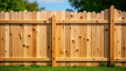 A wooden farm fence with vertical planks and a lush green lawn in the foreground.