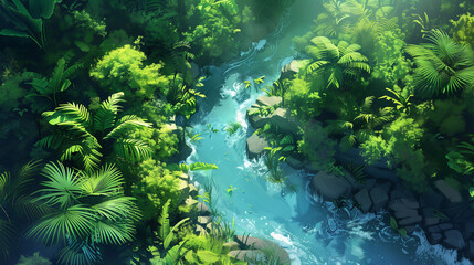 Fototapeta premium A river flowing through a dense jungle with vibrant greenery