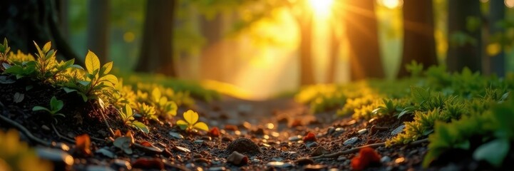 Sunbeams highlight bronze-like bark in forest soil, branches, emerging, leaves