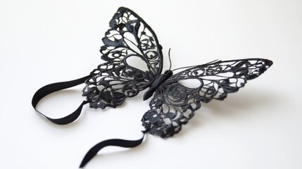 Fototapeta premium Black lace butterfly with a delicate black ribbon, set against a white background. 