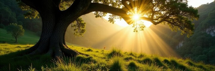 Obraz premium Sunlight filtering through ancient trees in Montefrio landscape, filter, montefrio, foliage