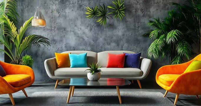 Colorful living room interior with plants and modern furniture