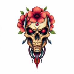 Mystical Skull with Floral Crown: An artistic rendering of a human skull adorned with a vibrant floral crown, exuding an aura of mystery and symbolic depth.