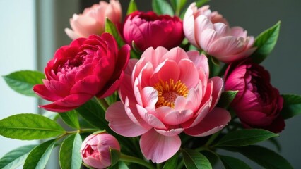 Naklejka premium A vibrant bouquet of handcrafted blossoms, showcasing delicate pink and rich crimson petals, arranged with lush green foliage, creating a captivating floral display