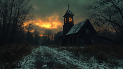 Fototapeta premium Abandoned church at sunset in a wintery landscape