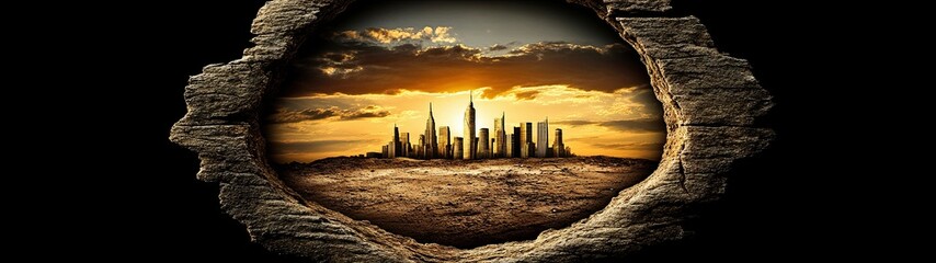Obraz premium Surreal View of a Futuristic Cityscape Framed by an Abstract Natural Structure at Sunset with Dramatic Clouds and Warm Colors