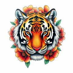 Tiger with Floral Adornment: A majestic tiger portrait encircled by vibrant, stylized flowers, creating a striking contrast and showcasing the tiger's power and beauty