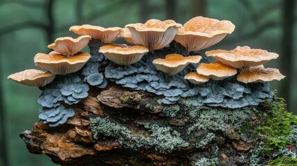 Fungi Fantasy on Fallen Log Displaying Multiple Species of Mushrooms in Natural Habitat