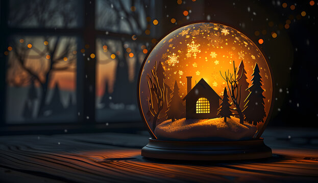 A charming snow globe featuring trees and a house inside, designed in an elegant paper-cut style for a winter-themed decoration.