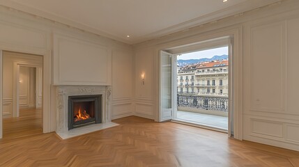 Elegant empty room with fireplace and city view.