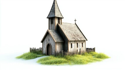 Rustic wooden church on grassy patch, isolated on white.