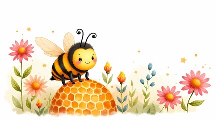 Cute bee sitting on a honeycomb amidst colorful flowers in a garden