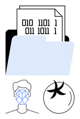 Open file folder with binary data, facial recognition grid, and security token symbol. Ideal for data protection, cybersecurity, facial recognition, digital identity, privacy, machine learning AI