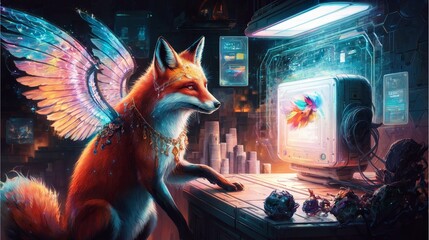 "Fantasy Fox with Wings Illustration in Cyberpunk World | Magical Fantasy Fox with Wings Illustration for Sci-Fi Art | Colorful Fantasy Fox with Wings Illustration for Futuristic Digital Design"