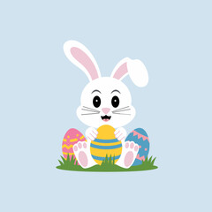 Bunny in an Easter Basket with Flowers and Eggs