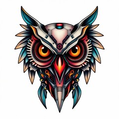 Fototapeta premium Cyber Owl Illustration: A striking illustration of a cybernetic owl, blending technology and nature in a colorful, detailed design.