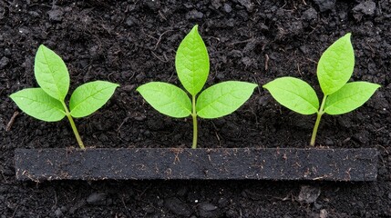 Naklejka premium Three Green Seedlings in Black Planter, Closeup