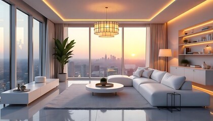 Luxurious modern apartment living room with stunning cityscape view