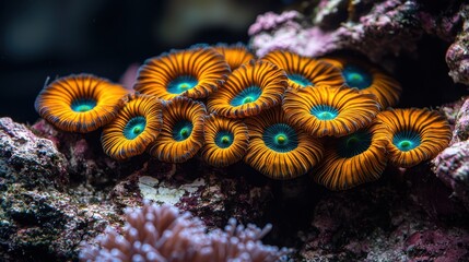 Obraz premium Orange and Blue Zoanthid Colony Marine Aquarium Beauty Underwater Ecosystem Thriving Coral Reef Life