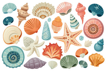 A vibrant set of sea shells, mollusks, sea snails, and starfish in a modern flat style.
