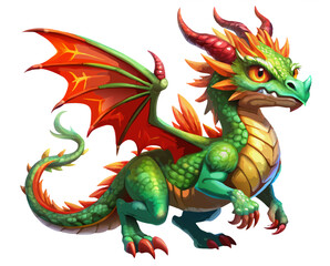 A magical collection of fantasy dragon illustrations featuring flying monster characters in red, green, and orange.

