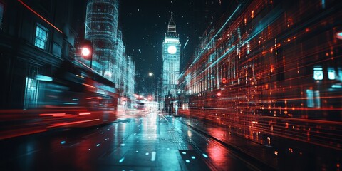 Futuristic abstract depiction of london with buses and big ben