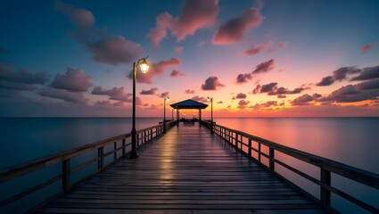 Fototapeta premium Tranquil evening scene with a golden horizon and pier