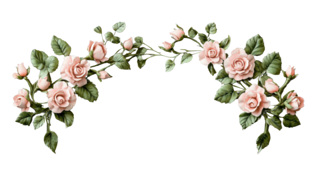 Garland of pink roses blooming on transparent background