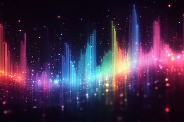 Minimalistic histogram with smooth-edged bars in blue, green, and violet, glowing softly on a sleek, dark background, showcasing clean and modern design elements