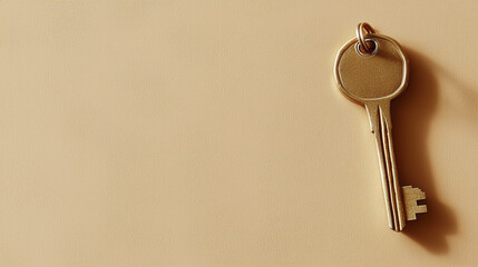 close up of golden house key on beige background, symbolizing security and home
