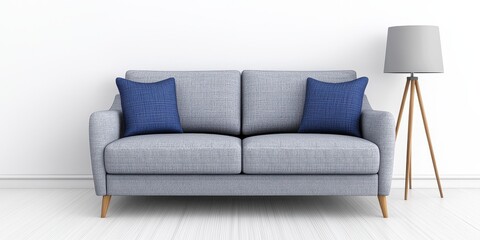 A stylish couch with a lamp resting on it in a bright and cozy modern living room interior space