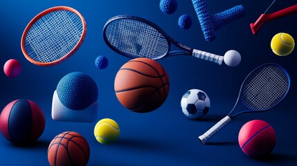 Obraz premium Graphic Design Magazine Cover sports promotion featuring a sleek and clean composition of hovering and levitating sports equipment like basketballs, soccer balls, tennis racket and tennis ball, sports
