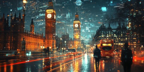 Fototapeta premium London cityscape with Big Ben and futuristic data overlays