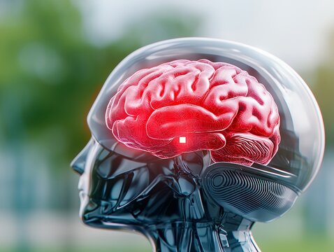 Translucent Skull Revealing Red Glowing Brain Digital Rendering