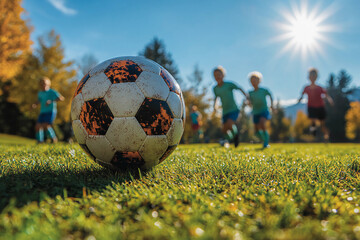 Children playing soccer in the park, enjoying a sunny day with bright green grass, joyful expressions, and boundless energy chasing the ball