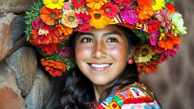 Young woman in traditional attire adorned with vibrant flowers smiles warmly in a colorful cultural celebration