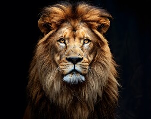 Majestic Lion Portrait with Golden Mane, Intense Gaze on Black Background