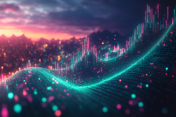 Neon-infused data waveform with glowing curves and spikes in electric green, blue, and purple, moving across a digital grid representing futuristic technology and innovation
