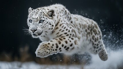 Fototapeta premium Snow leopard running through the snow