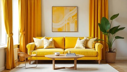 A brightly colored living room features a comfortable yellow sofa