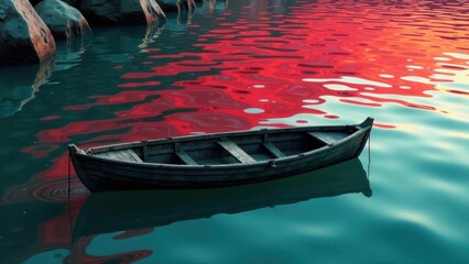 Obraz premium Serene Sunset Reflection on Still Water, a Rowboat at Rest Near Rocky Shoreline