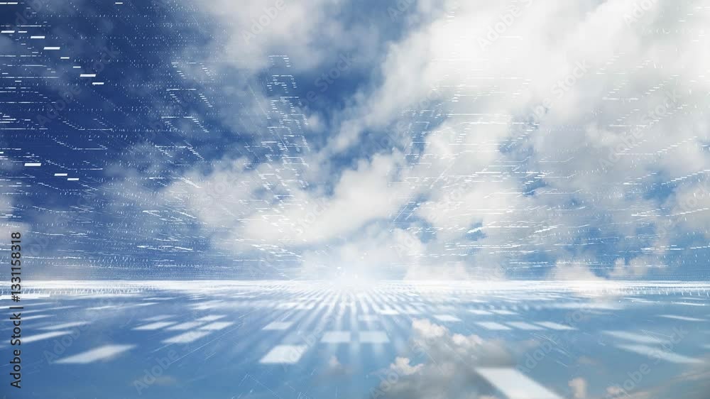 Wall mural digital tech cyberspace network road with time lapse cloudy sky loop background.