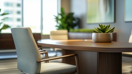 Fototapeta premium Office background,desk,computer,chair in front of window overlooking city skyline,copy space