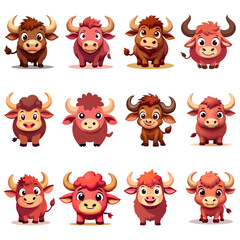 Fototapeta premium Cute buffalo cartoon vector set in different emotion isolated on white background - Vector illustration