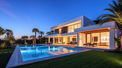 Fototapeta premium Modern villa with sleek architecture and serene pool at twilight