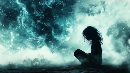 Obraz premium Silhouette of girl sitting in front of cosmic cloud